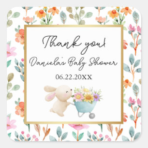 Cute Little Bunny Wildflowers Baby Shower Square Sticker