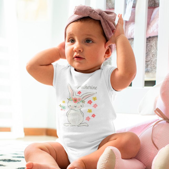 Cute little bunny with flowers personalised girl baby bodysuit (Creator Uploaded)