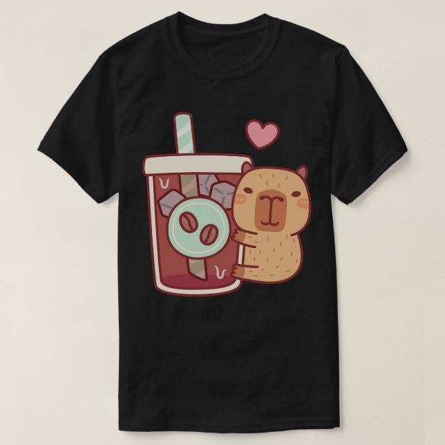 Cute Little Capybara Hugs Iced Coffee T-Shirt (Design Front)