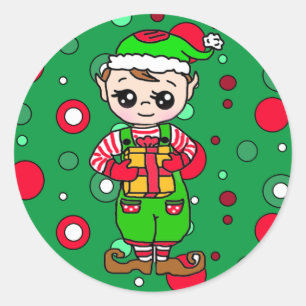 Cute Little Cartoon Elf Holding Gift Christmas Classic Round Sticker
