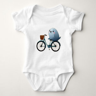 Cute little cartoon seal on a bicycle baby bodysuit