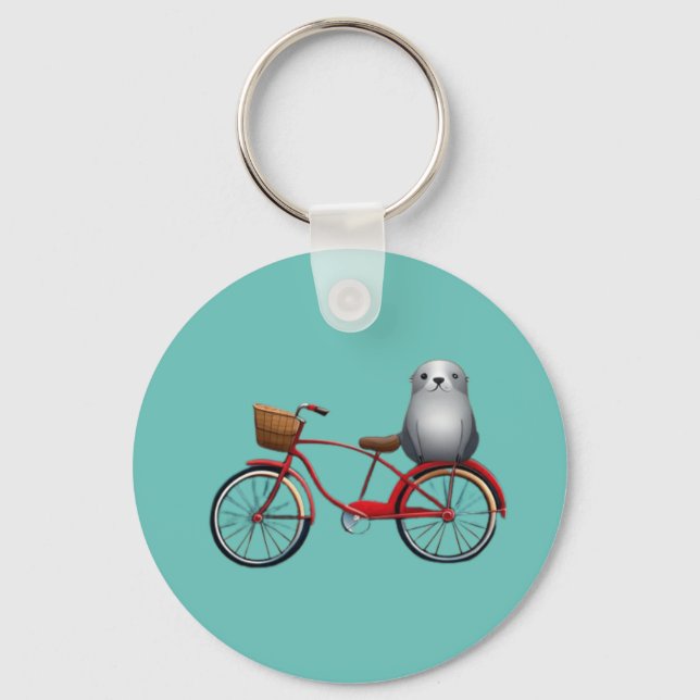 Cute little cartoon seal on a bicycle key ring (Front)