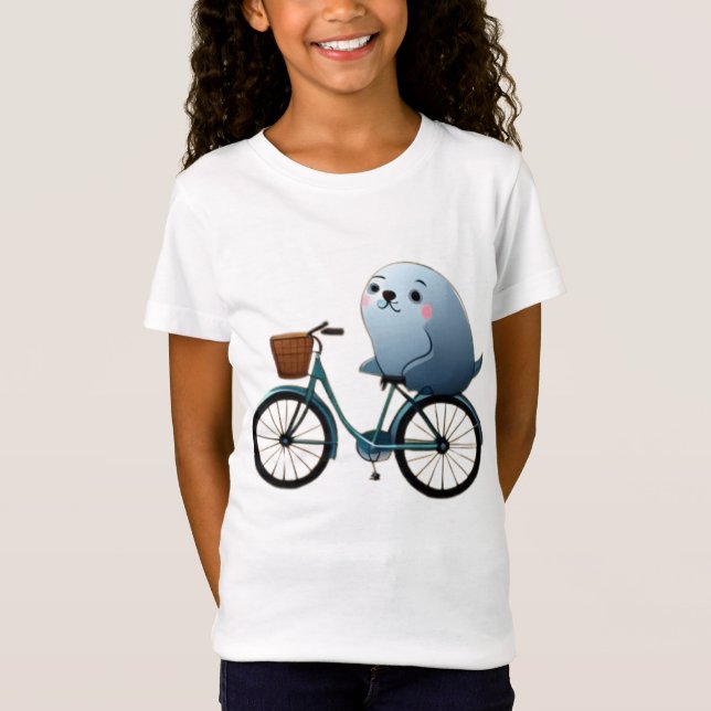 Cute little cartoon seal on a bicycle T-Shirt (Front)