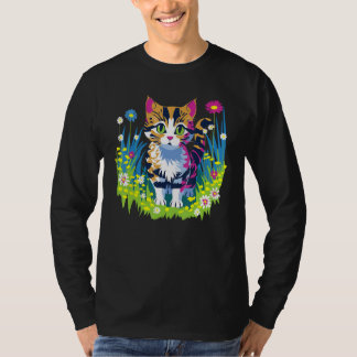 Cute Little Cat Animal and Flowers T-Shirt