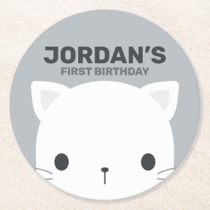 Cute Little Cat Birthday Round Paper Coaster