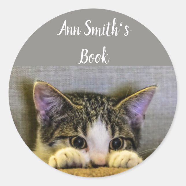 Cute Little Cat Book Plate to Customise Classic Round Sticker (Front)