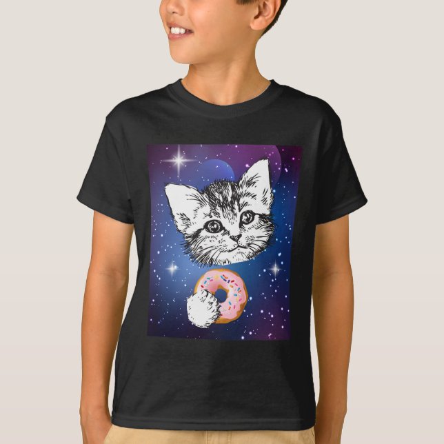 Cute Little Cat Eating A Doughnut In Space Animal  T-Shirt (Front)