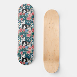 Cute Little Cat Kittens With Roses And Butterflies Skateboard