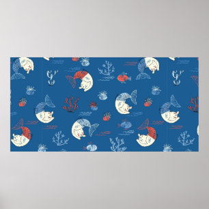 Cute little cat mermaid seamless pattern. Textured Poster