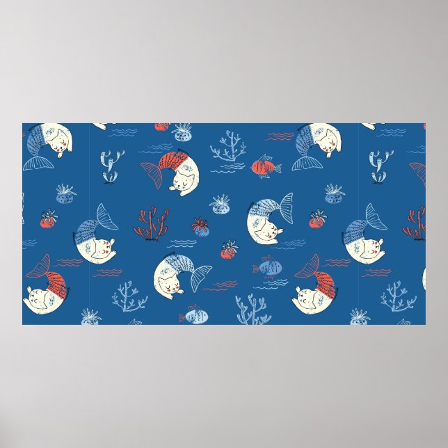 Cute little cat mermaid seamless pattern. Textured Poster (Front)