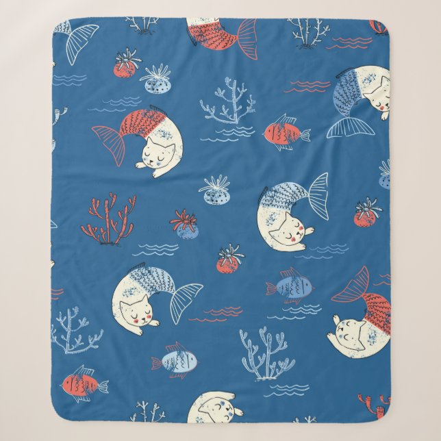 Cute little cat mermaid seamless pattern. Textured Sherpa Blanket (Front)