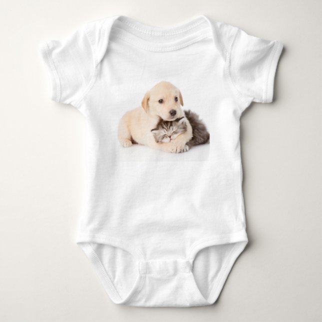 cute little cat sleeps in dog's hands baby bodysuit (Front)