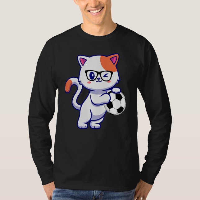 Cute Little Cat Soccer Nerd With Glasses T-Shirt (Front)