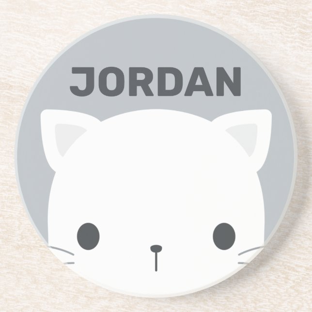 Cute Little Cat with Personalised Name Coaster (Front)