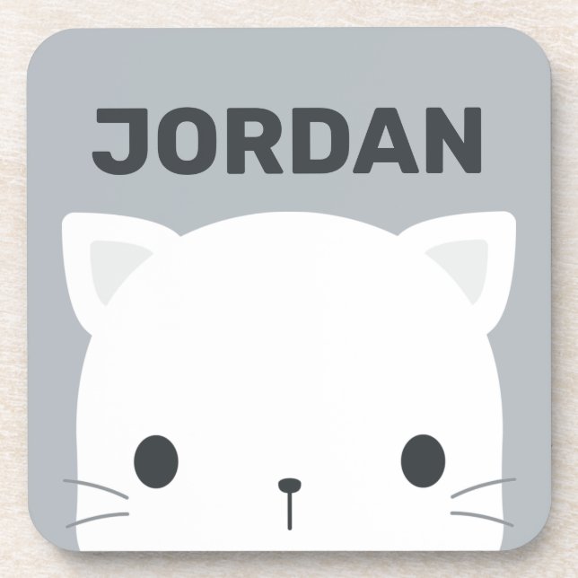 Cute Little Cat with Personalised Name Coaster (Front)