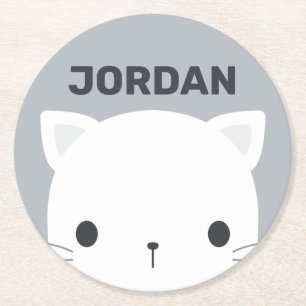 Cute Little Cat with Personalised Name Round Paper Coaster