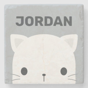 Cute Little Cat with Personalised Name Stone Coaster