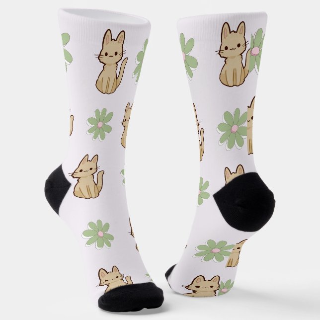 Cute little cats pattern with flowers l Pet lovers Socks (Angled)