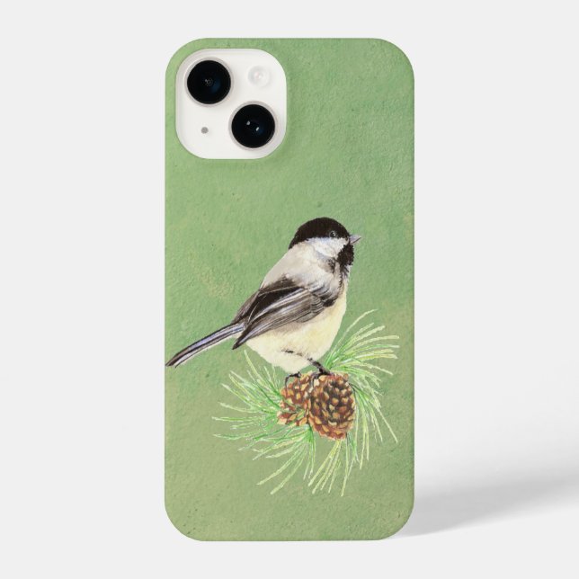 Cute Little Chickadee Bird Pine Cone Wildlife Art iPhone Case (Back)