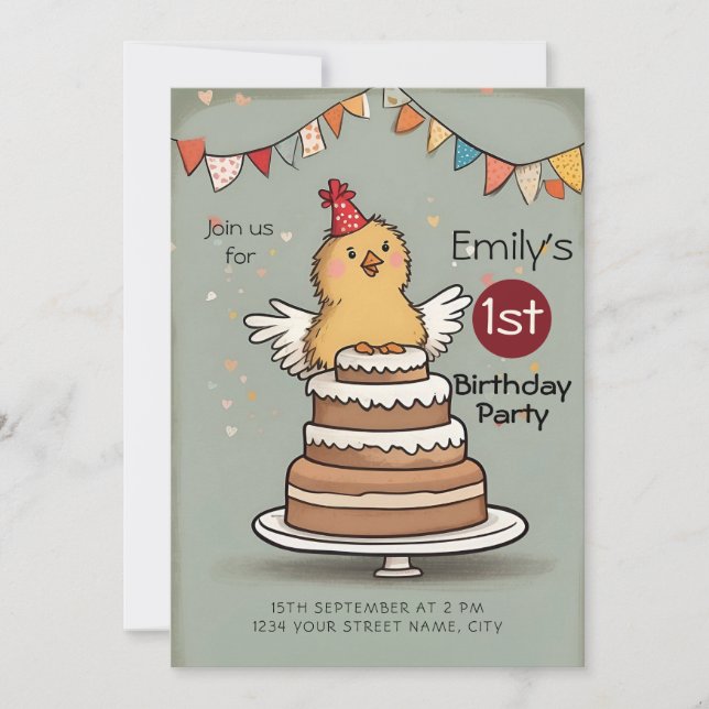 Cute Little Chicken on Cake 1st Birthday  Invitation (Front)