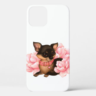 Cute little chihuahua dog with pink flowers  iPhone 12 case