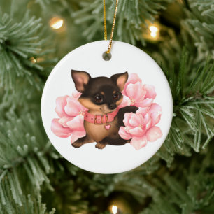 Cute little chihuahua dog with pink flowers  ceramic tree decoration
