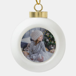 Cute little child girl and  the Christmas tree .jp Ceramic Ball Christmas Ornament