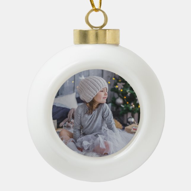 Cute little child girl and  the Christmas tree .jp Ceramic Ball Christmas Ornament (Front)