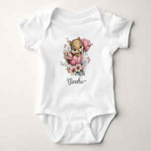 Cute Little Chipmunk in Flowers Baby Bodysuit