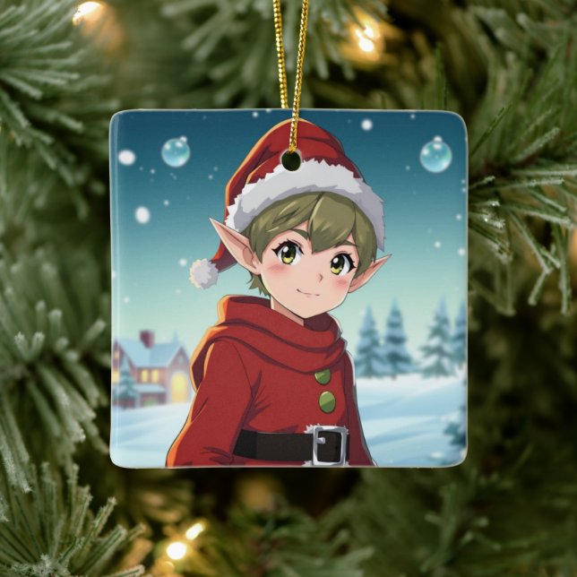Cute Little Christmas Elf Personalised Ceramic Ornament (Tree)