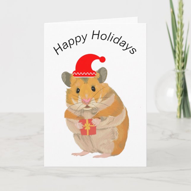 Cute little Christmas Hamster holding a present Card (Front)