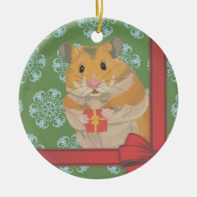 Cute little Christmas Hamster holding a present Ceramic Tree Decoration (Front)