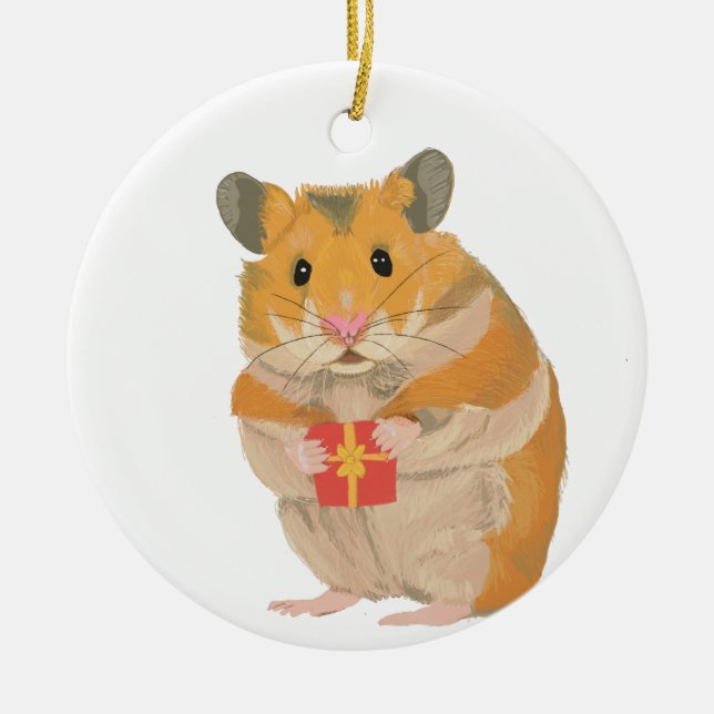 Cute little Christmas Hamster holding a present Ceramic Tree Decoration (Front)