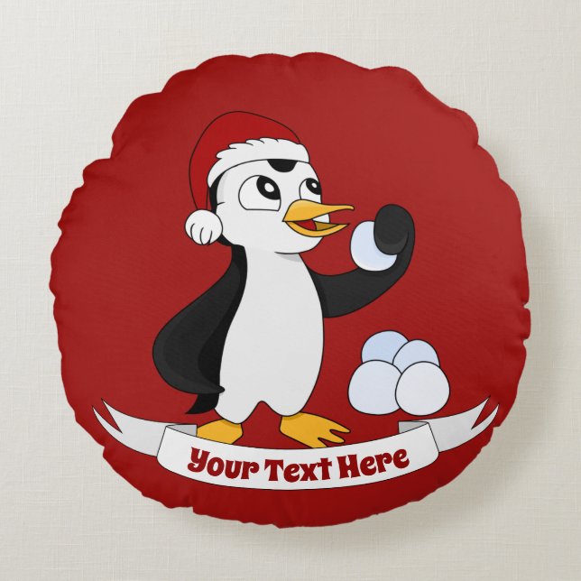 Cute little Christmas penguin with a snowball Roun Round Cushion (Front)