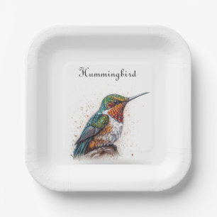 Cute little colourful hummingbird pointillism styl paper plate