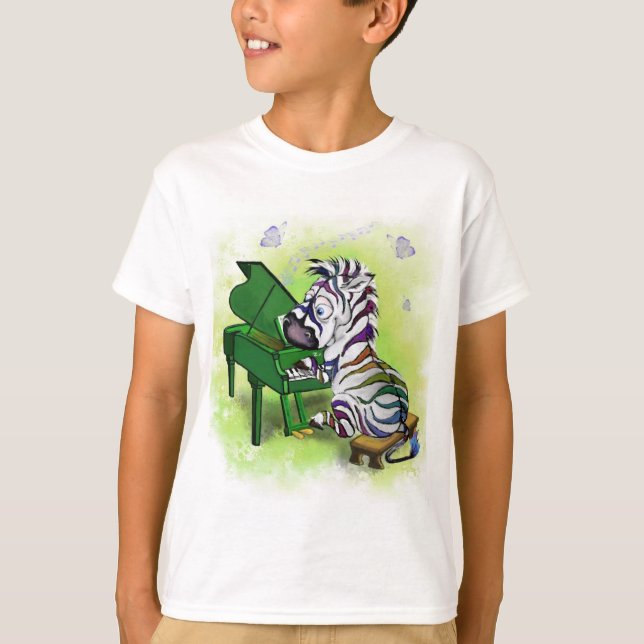 Cute Little Colourful Zebra Piano Player - Cartoon T-Shirt (Front)