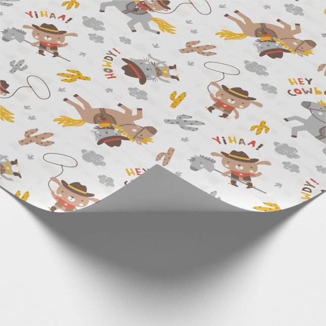 Cute Little Cowboy Bear, Dog and Cat on horses Wrapping Paper (Corner)
