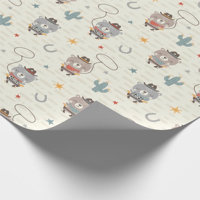 Cute Little Cowboy Sheriff Bear on cream Wrapping Paper (Corner)