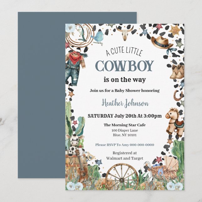 Cute Little Cowboy Western Watercolor Baby Shower Invitation (Front/Back)