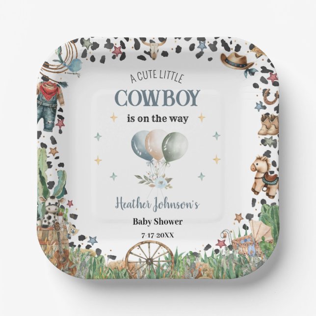 Cute Little Cowboy Western Watercolor Baby Shower Paper Plate (Front)
