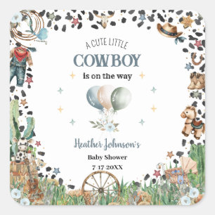 Cute Little Cowboy Western Watercolor Baby Shower Square Sticker