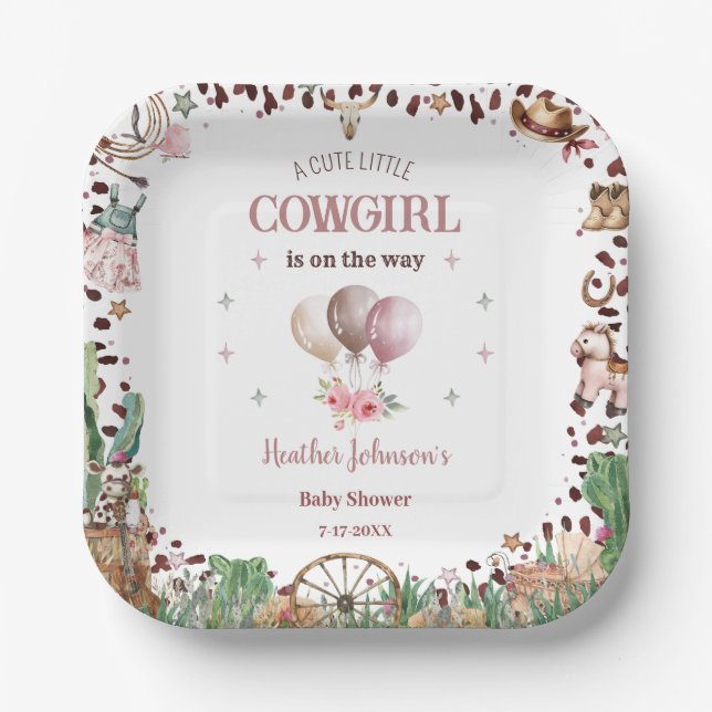 Cute Little Cowgirl Western Watercolor Baby Shower Paper Plate (Front)
