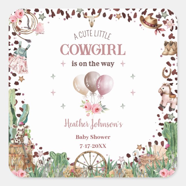 Cute Little Cowgirl Western Watercolor Baby Shower Square Sticker (Front)