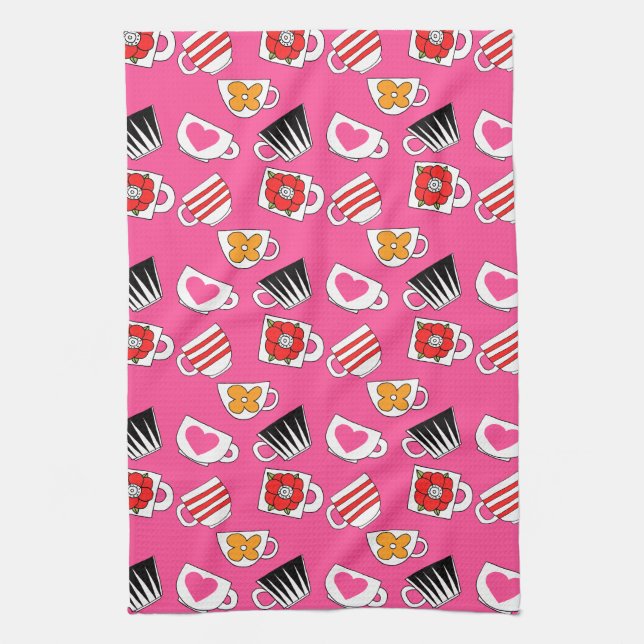 Cute Little Cups  In The Kitchen Pattern Tea Towel (Vertical)