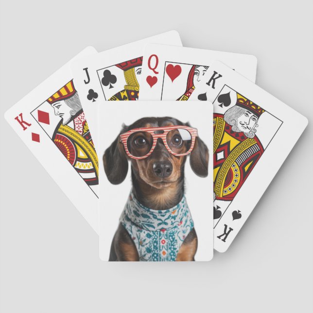 Cute Little Dachshund With Red Glasses Playing Cards (Back)