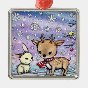 Cute Little Deer and Bunny Holiday Art Metal Tree Decoration