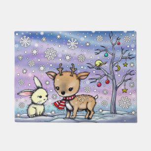Cute Little Deer and Bunny Illustrated Art Doormat