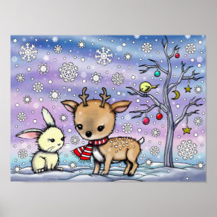Cute Little Deer and Bunny Illustrated Art Poster