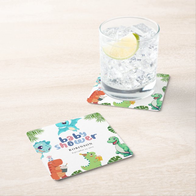 Cute Little Dino Baby Shower Square Paper Coaster (Insitu)