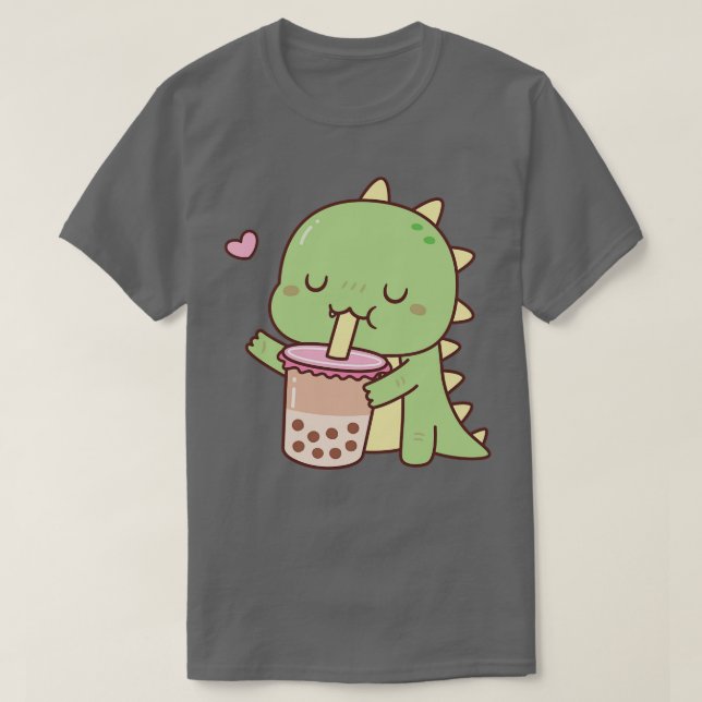 Cute Little Dino Loves Boba Milk Tea T-Shirt (Design Front)